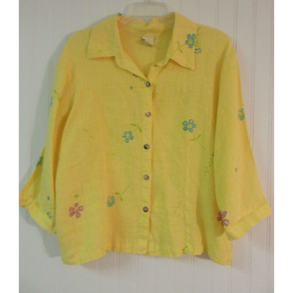 Cotton Collection Blouse yellow 100% linen sz L